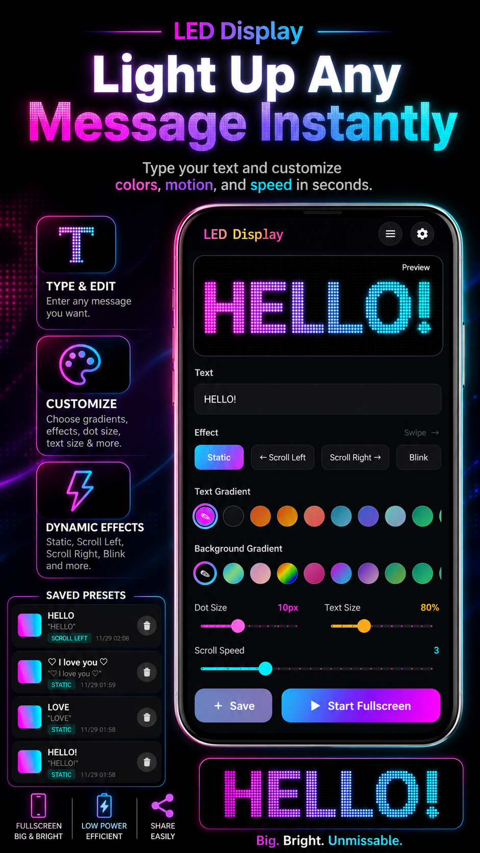 English LED Display app preview showing message editing, gradients, effects, saved presets, and fullscreen controls