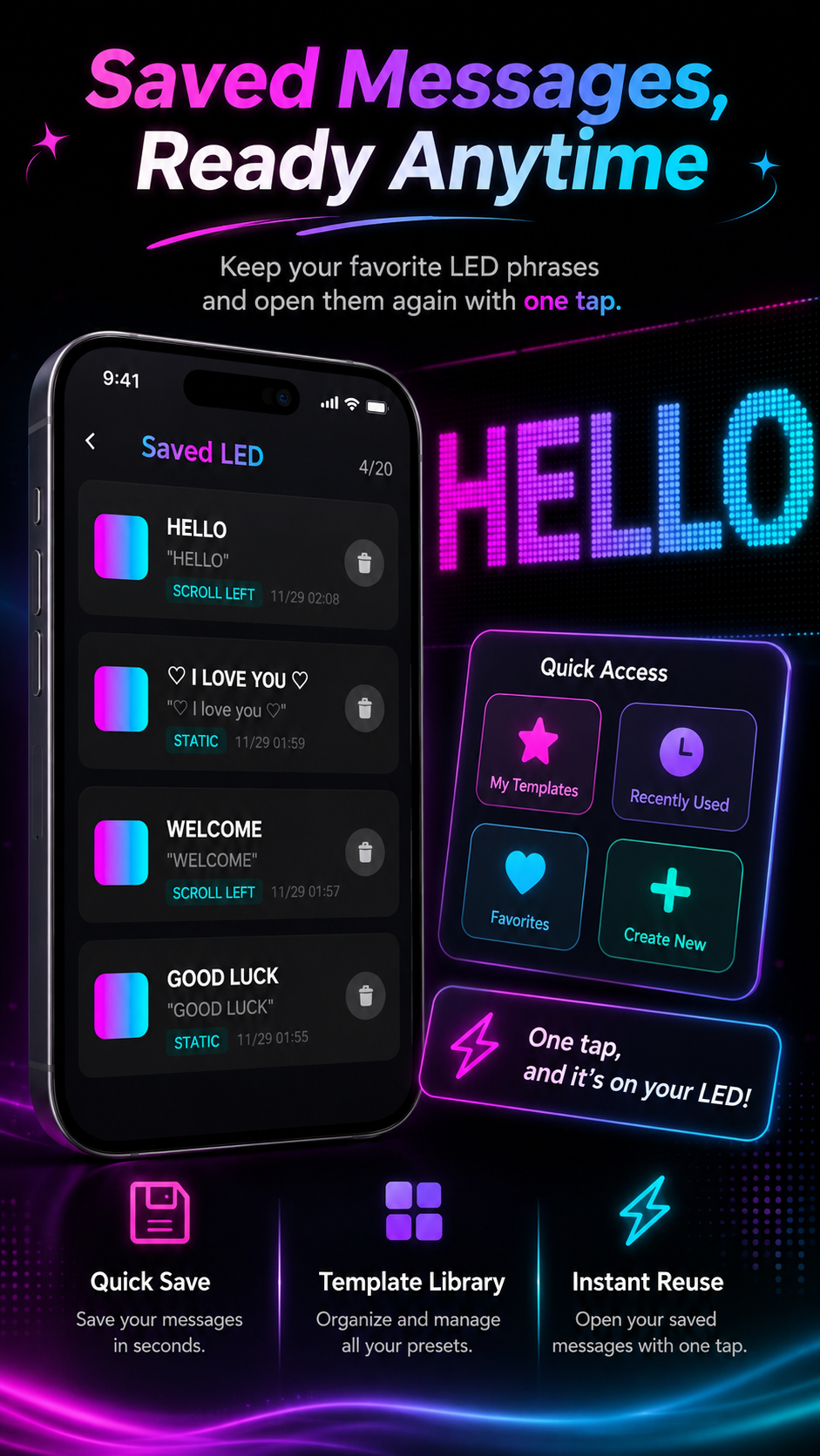 English LED Display saved messages preview showing quick save, template library, and instant reuse