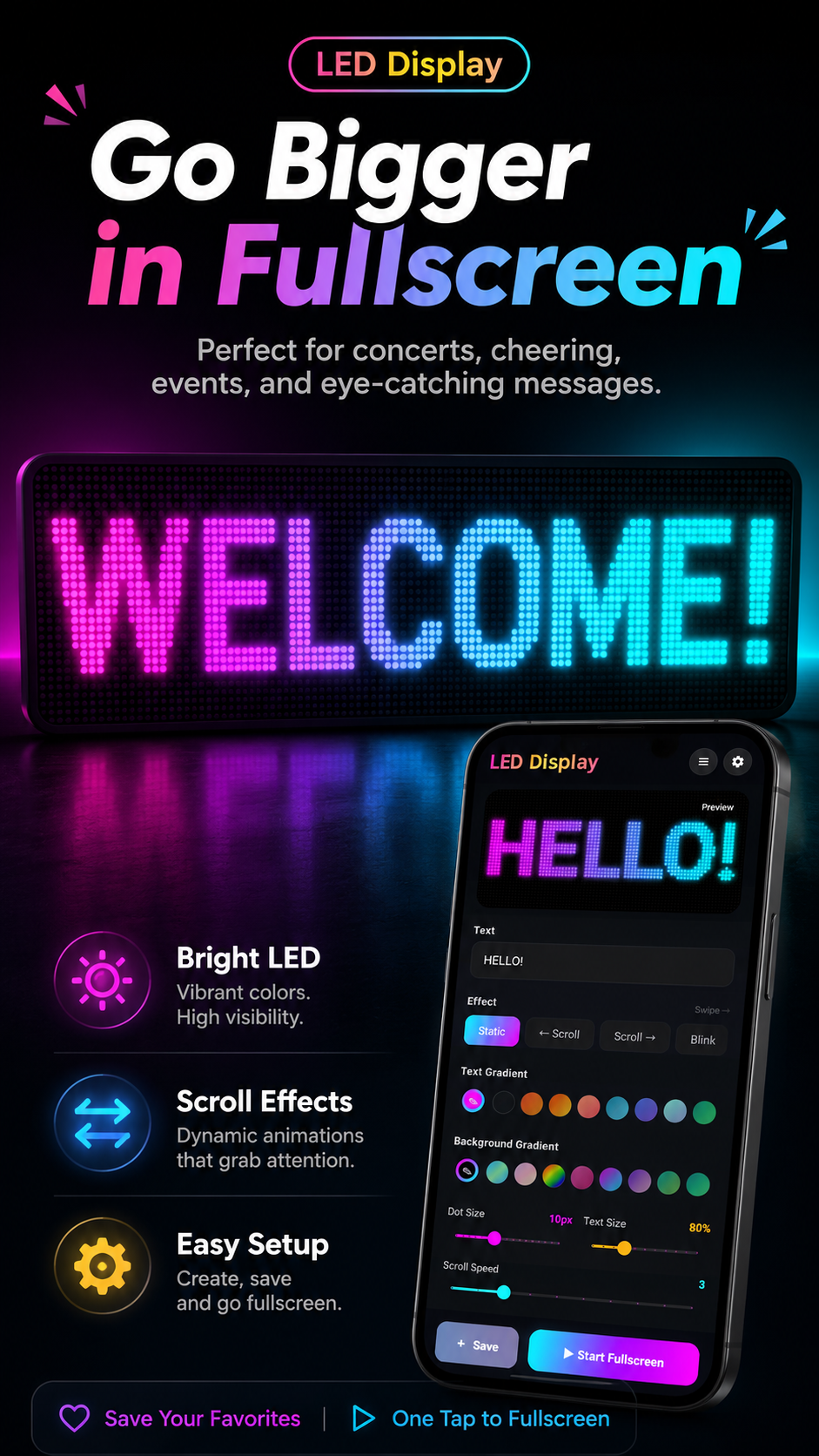 English LED Display fullscreen preview showing a large welcome message with bright LED, scroll effects, and easy setup